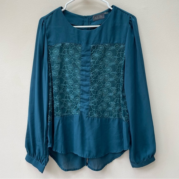 ASTR Sheer Floral Long Sleeve Button Back Teal Blue Green Top Blouse Size L - Picture 1 of 7